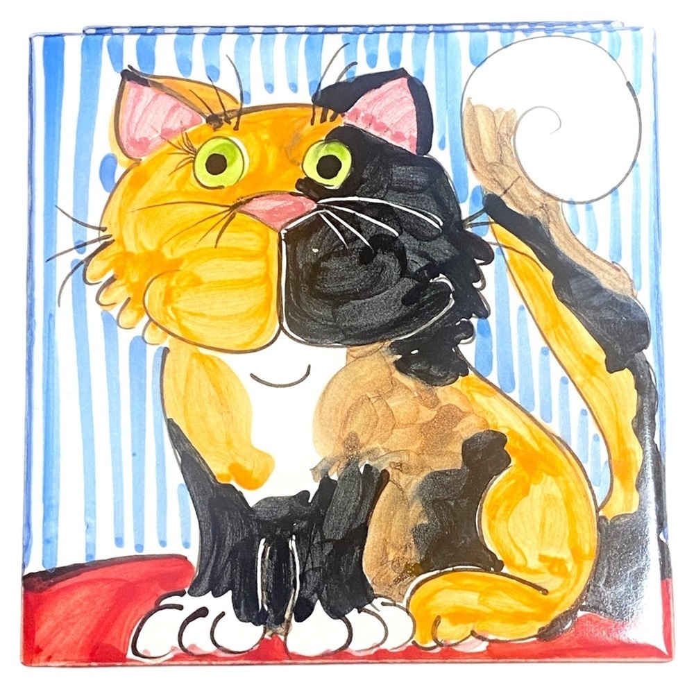 Art Tile Calico Cat Kitten Animal Trivet On  Florida Tile Decor Colorful Signed.